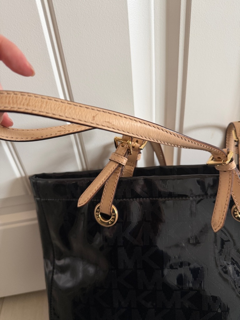 Michael Kors Black Patent Tote with Tan Shoulder Straps - Picture 4 of 5